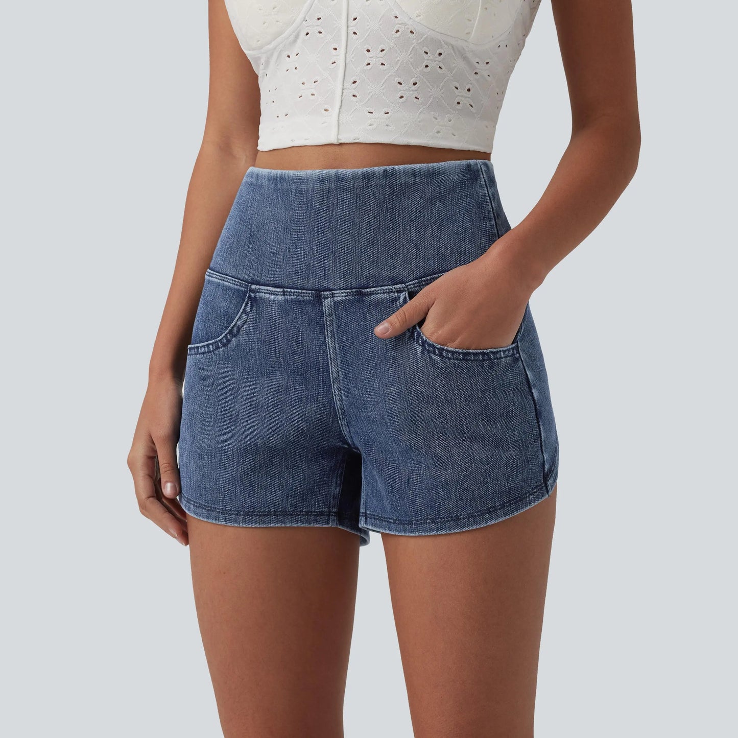 【Creator’S Pick】Halara Flex High Waisted Tummy Control Curved Hem Skinny Denim Casual Shorts with Pockets