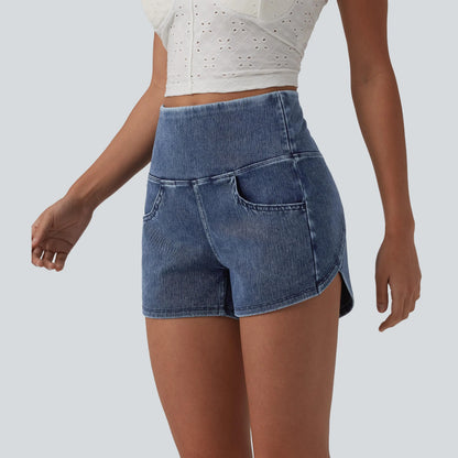 【Creator’S Pick】Halara Flex High Waisted Tummy Control Curved Hem Skinny Denim Casual Shorts with Pockets