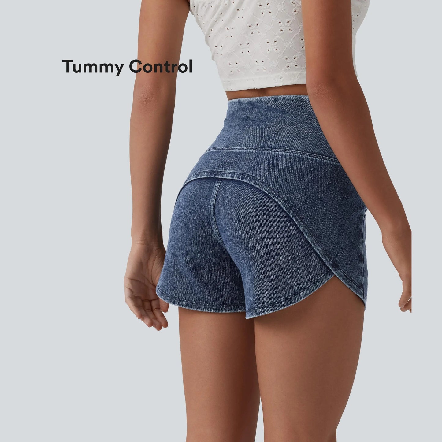【Creator’S Pick】Halara Flex High Waisted Tummy Control Curved Hem Skinny Denim Casual Shorts with Pockets